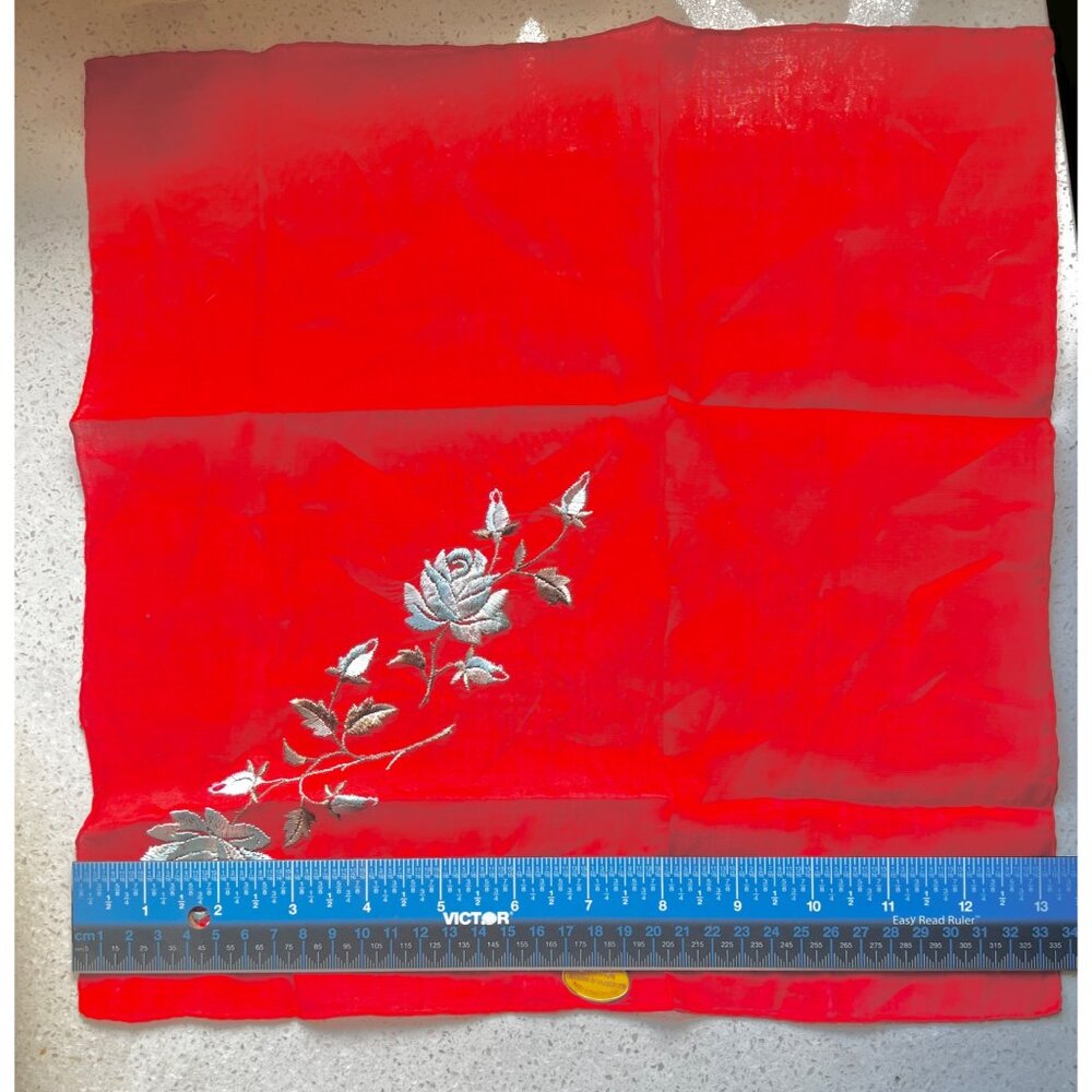 Vintage Red Swiss Cotton Handkerchief With Silver Rose Embroidery New - Picture 8 of 9